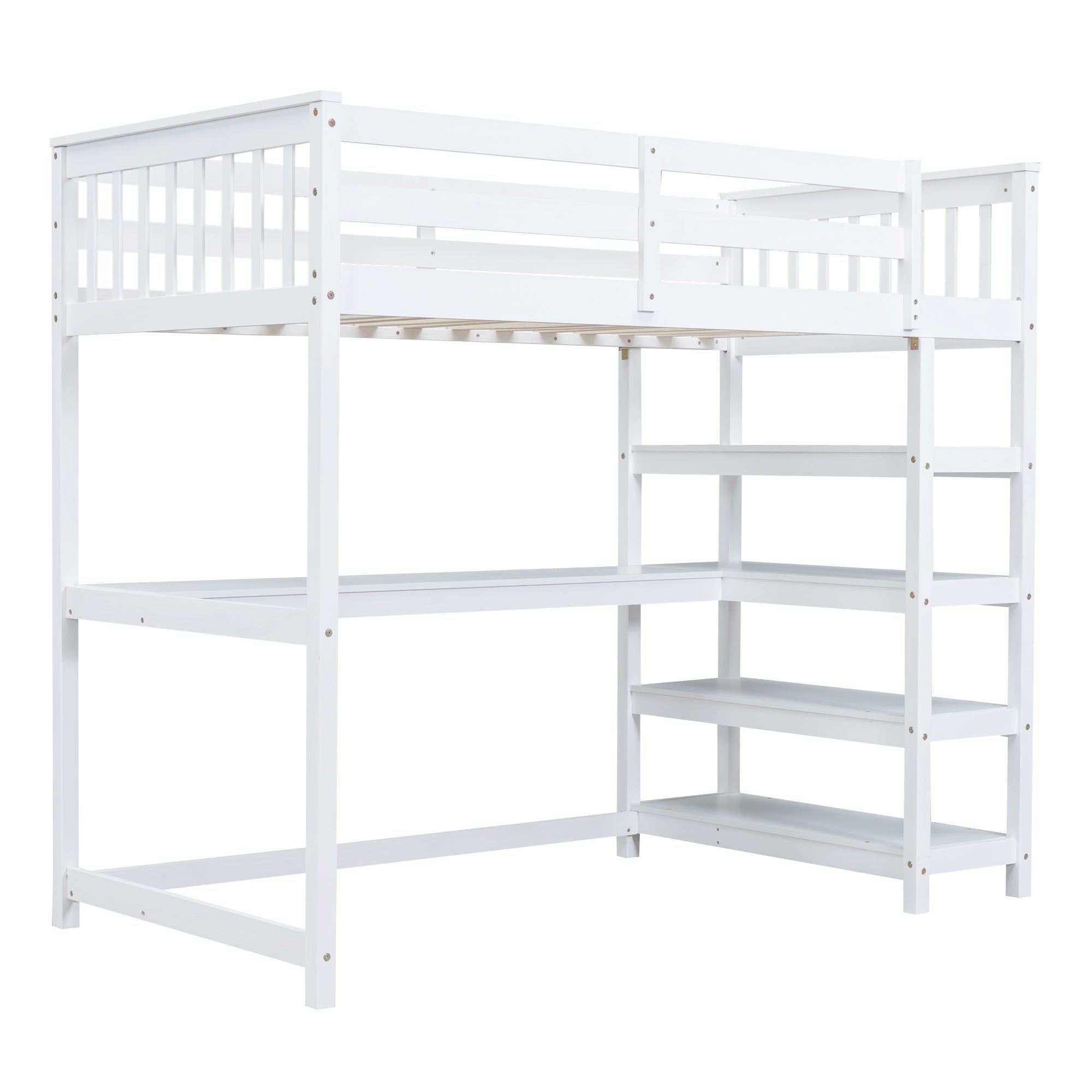 Twin Size Loft Bed with Storage Shelves and Under-bed Desk