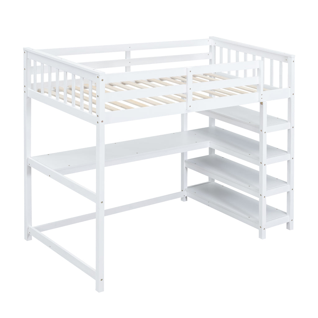 Twin Size Loft Bed with Storage Shelves and Under-bed Desk