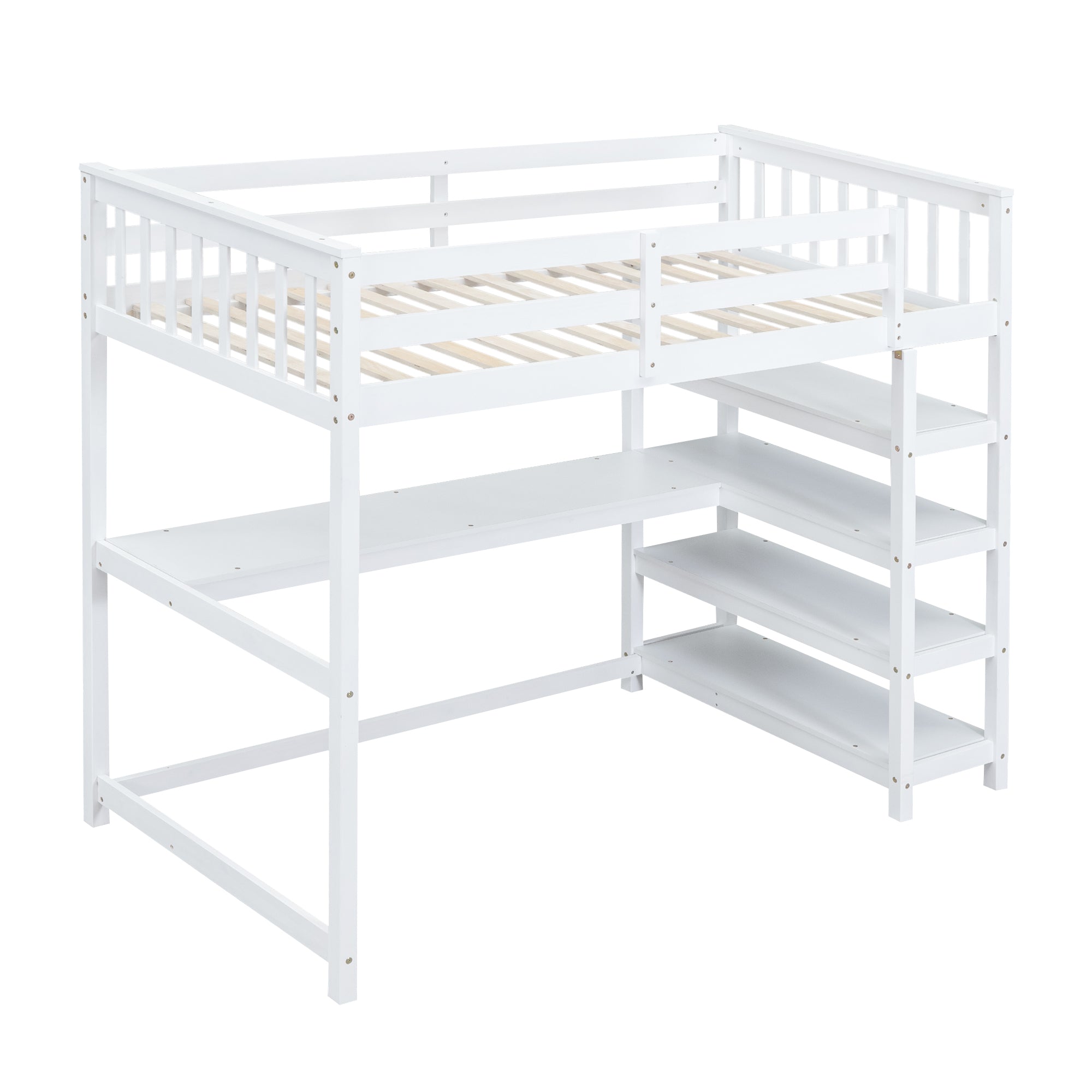Twin Size Loft Bed with Storage Shelves and Under-bed Desk