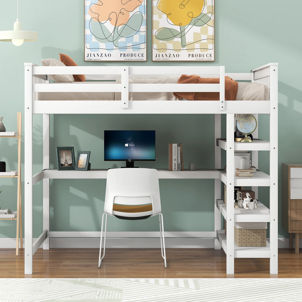 Full Size Loft Bed with Storage Shelves and Under-bed Desk