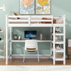Full Size Loft Bed with Storage Shelves and Under-bed Desk