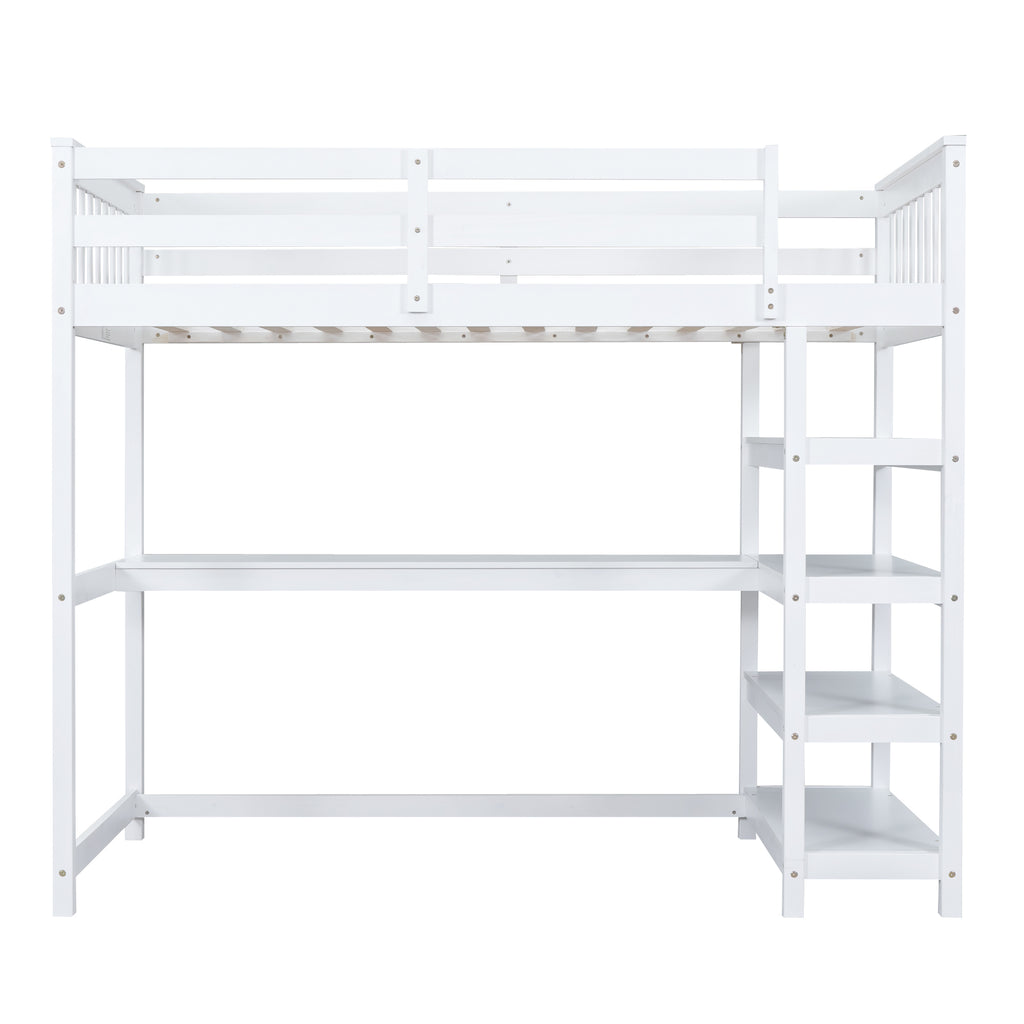 Twin Size Loft Bed with Storage Shelves and Under-bed Desk