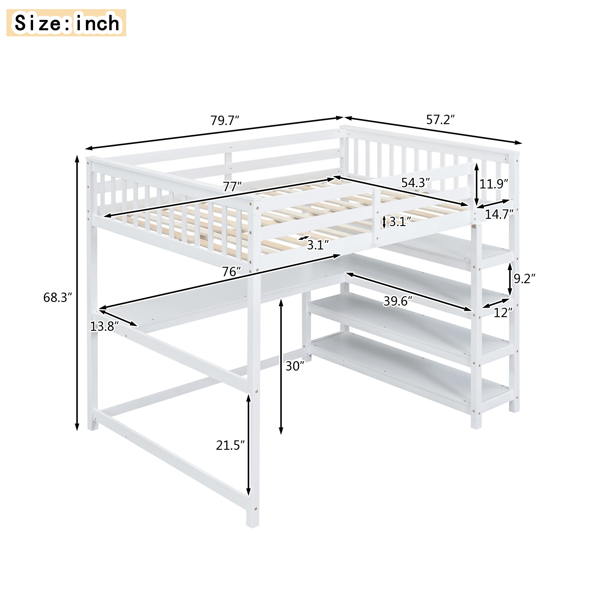 Full Size Loft Bed with Storage Shelves and Under-bed Desk
