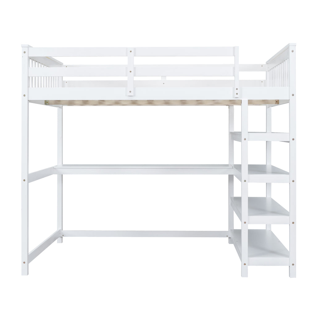 Full Size Loft Bed with Storage Shelves and Under-bed Desk