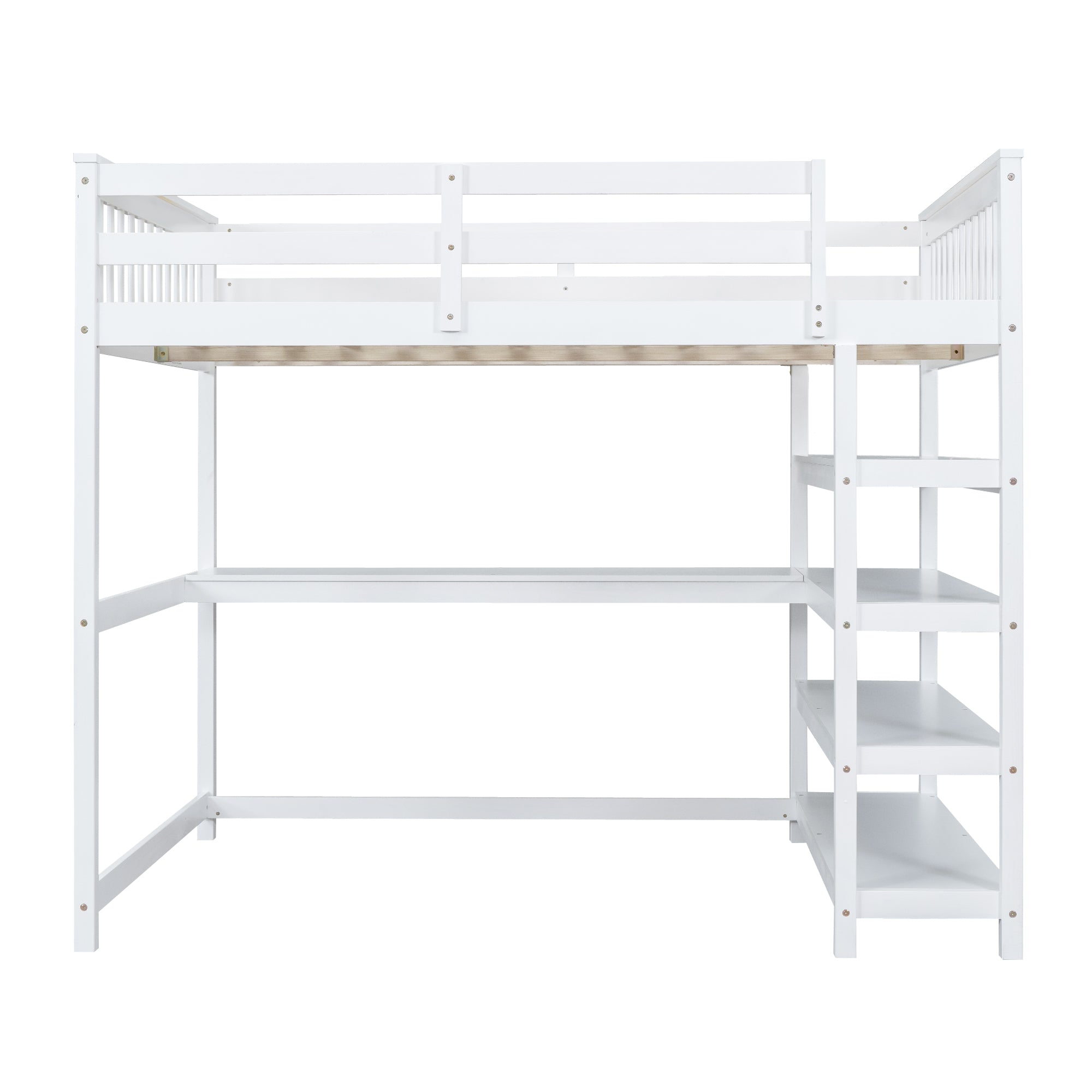 Full Size Loft Bed with Storage Shelves and Under-bed Desk
