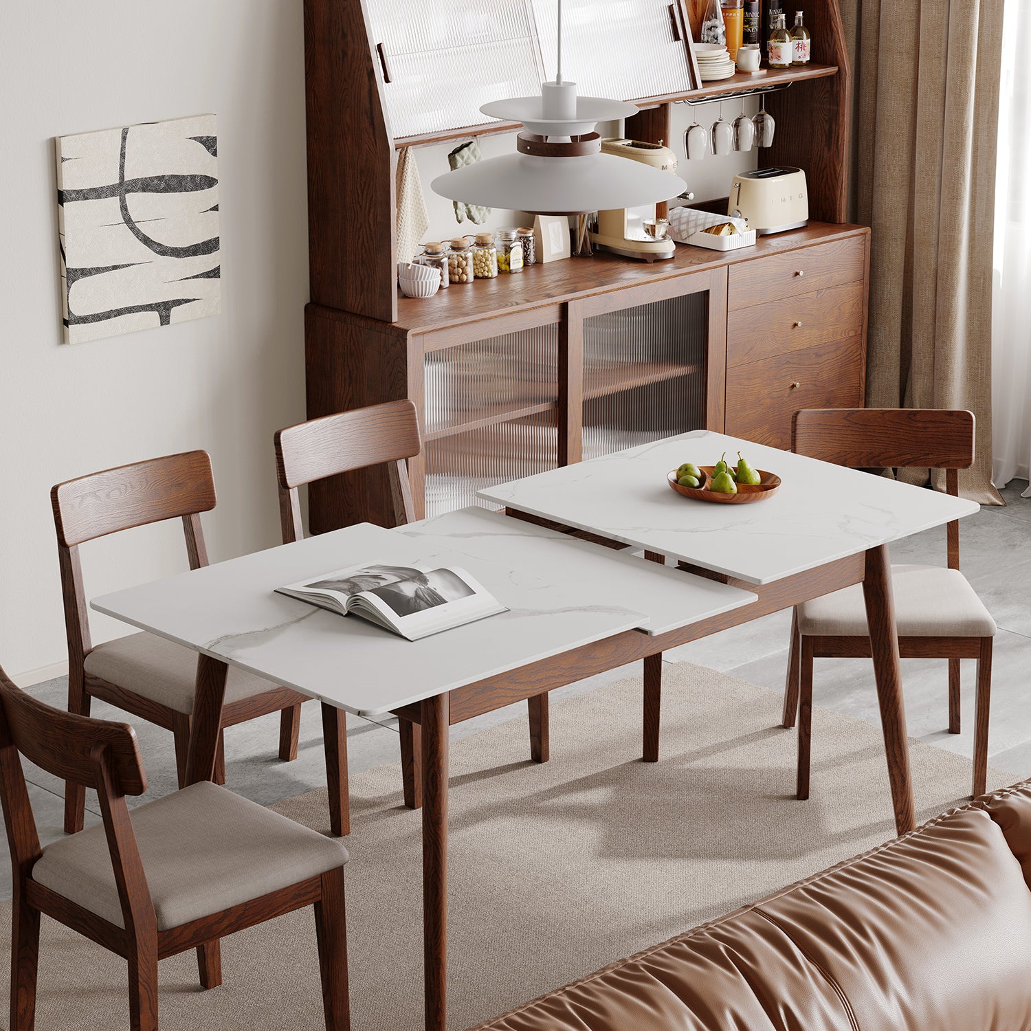 Walnut Solid Oak and White Slate Round Corner Dining Table