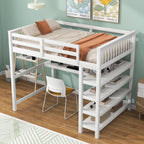Full Size Loft Bed with Storage Shelves and Under-bed Desk