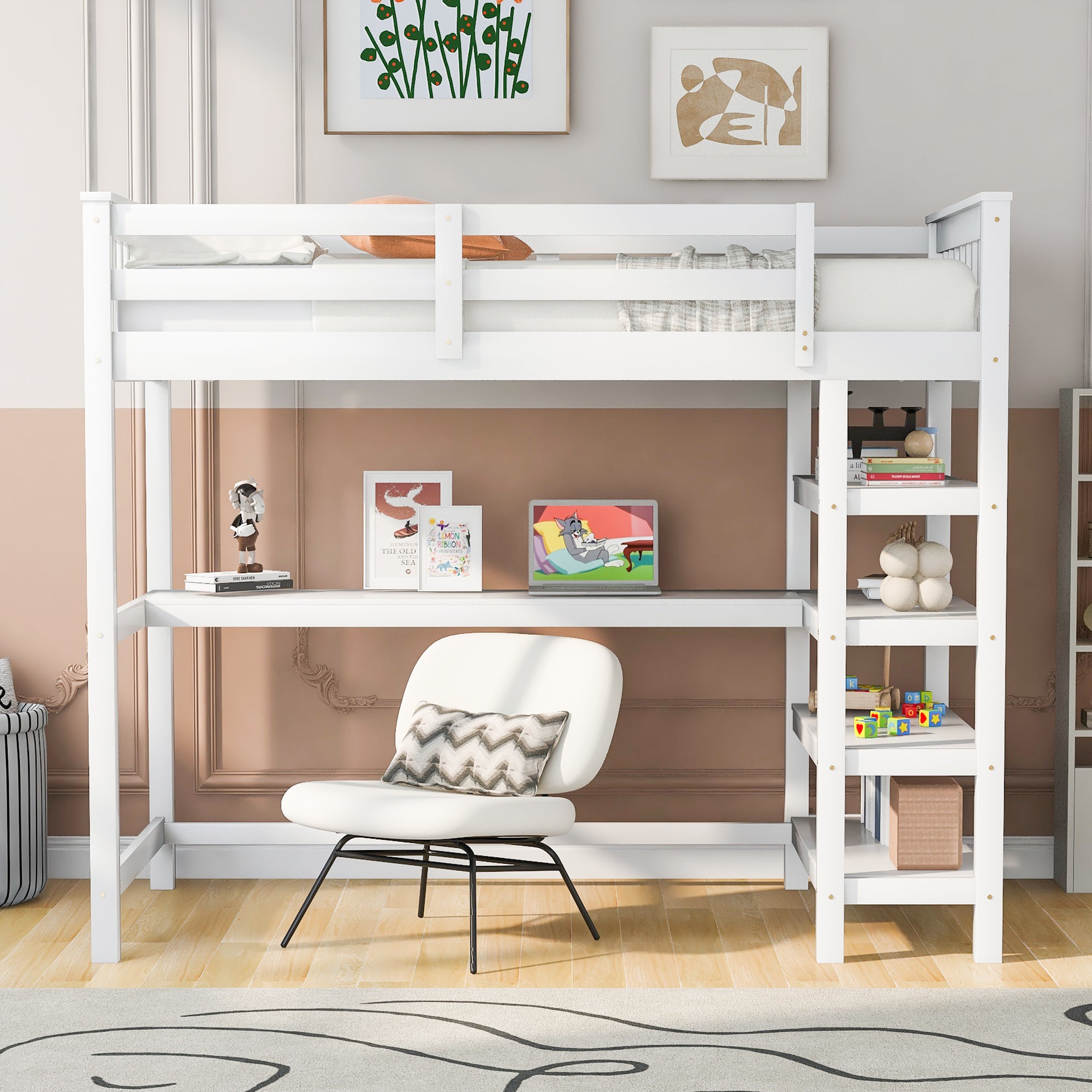 Twin Size Loft Bed with Storage Shelves and Under-bed Desk