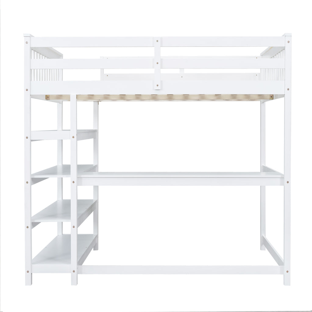 Full Size Loft Bed with Storage Shelves and Under-bed Desk