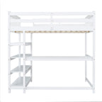Full Size Loft Bed with Storage Shelves and Under-bed Desk