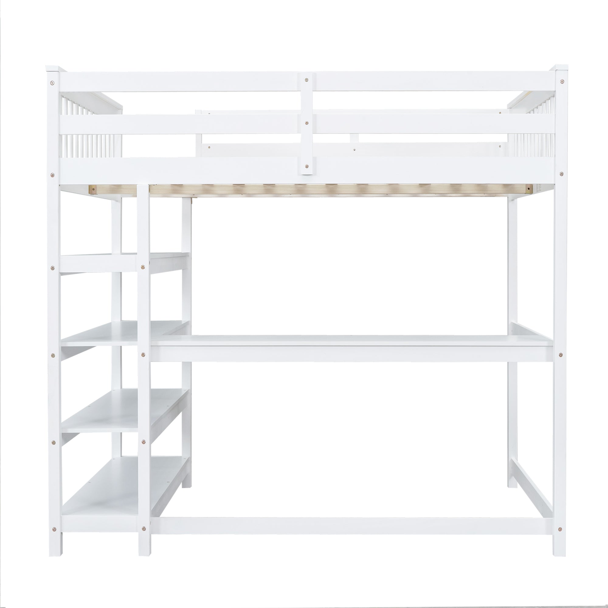 Full Size Loft Bed with Storage Shelves and Under-bed Desk
