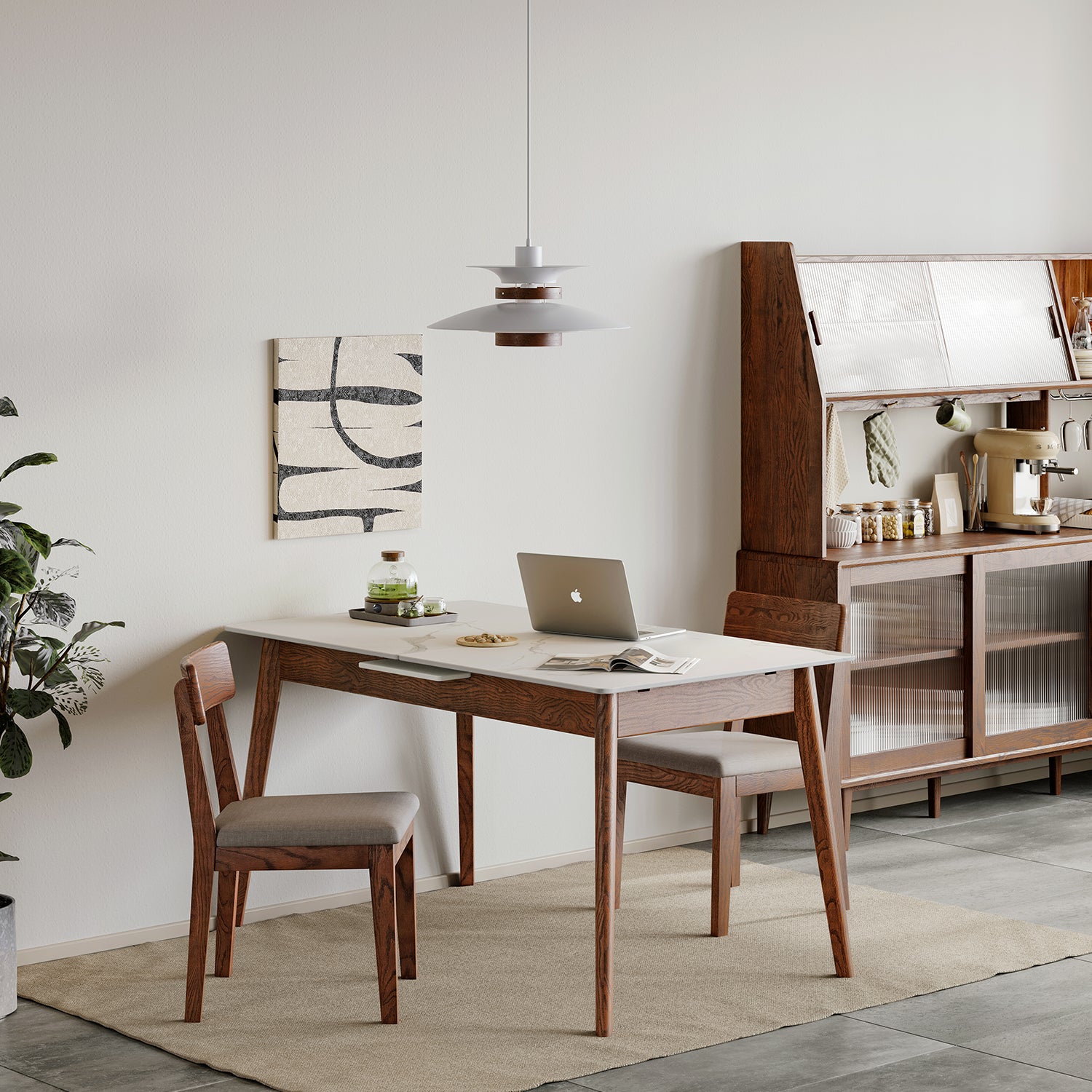 Walnut Solid Oak and White Slate Round Corner Dining Table
