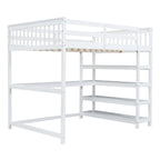 Full Size Loft Bed with Storage Shelves and Under-bed Desk