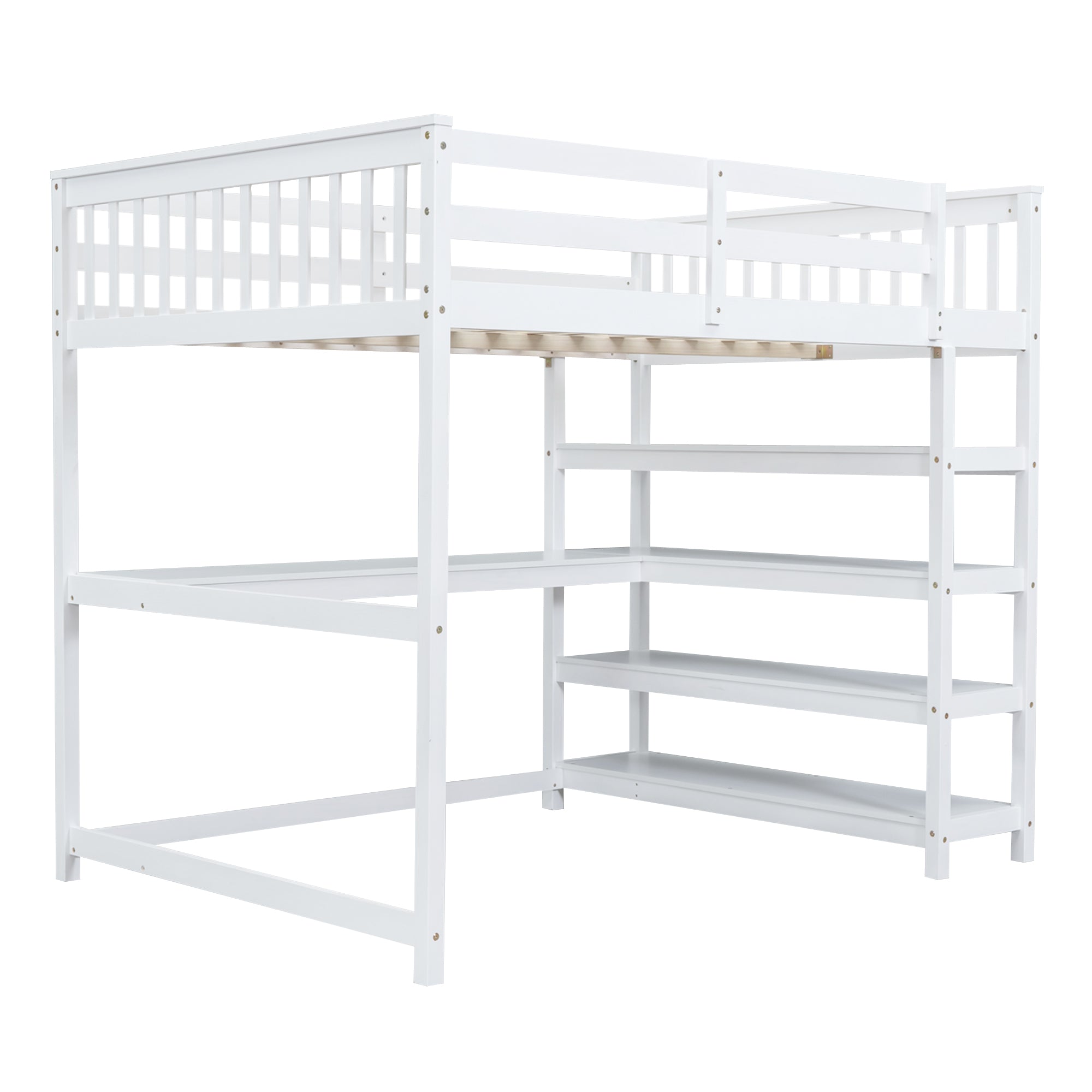 Full Size Loft Bed with Storage Shelves and Under-bed Desk