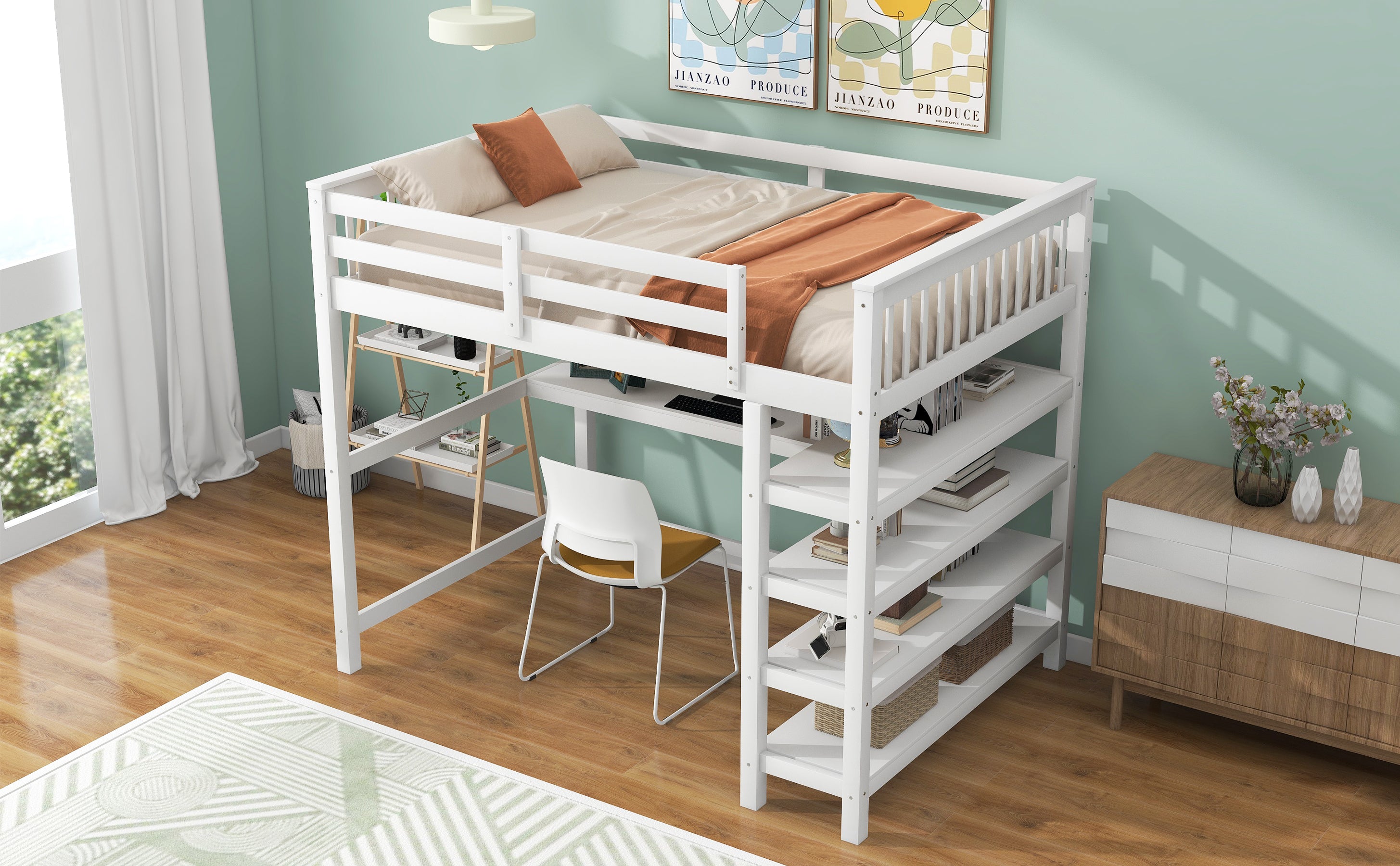 Full Size Loft Bed with Storage Shelves and Under-bed Desk