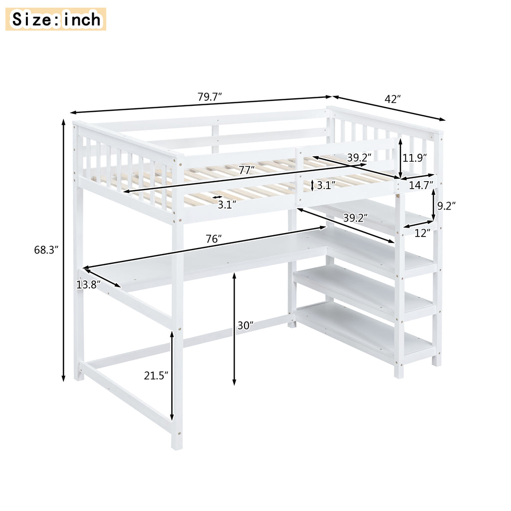 Twin Size Loft Bed with Storage Shelves and Under-bed Desk