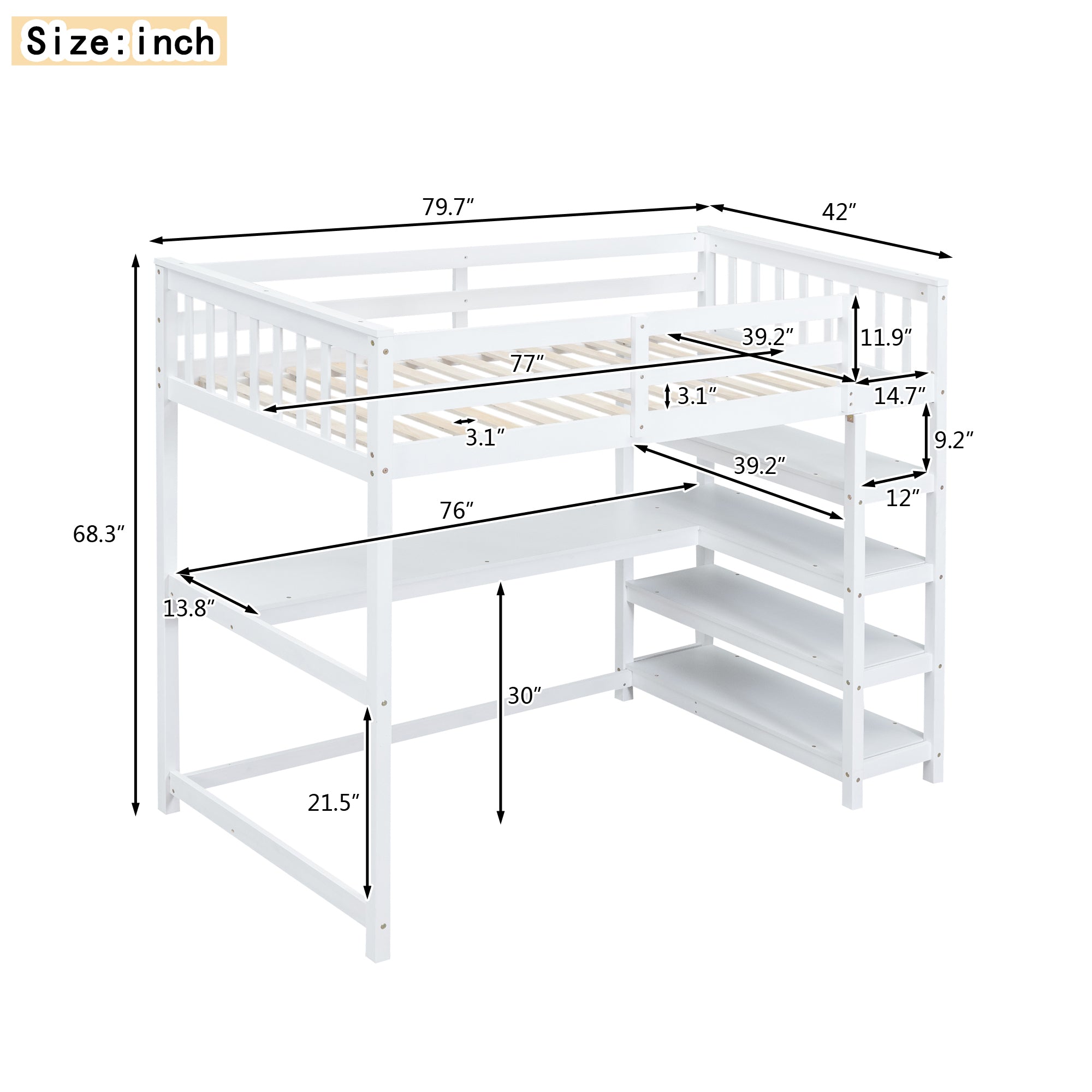 Twin Size Loft Bed with Storage Shelves and Under-bed Desk