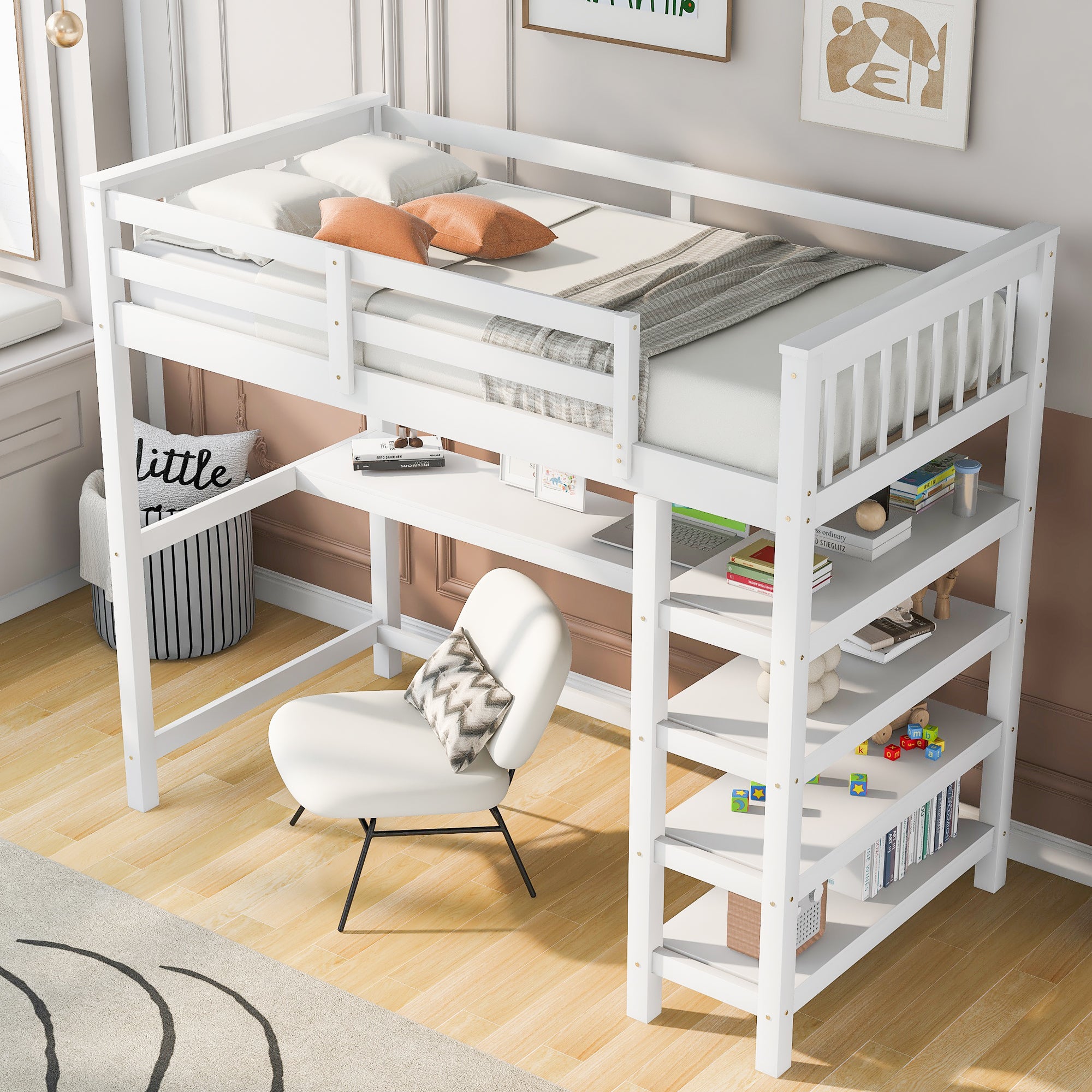 Twin Size Loft Bed with Storage Shelves and Under-bed Desk