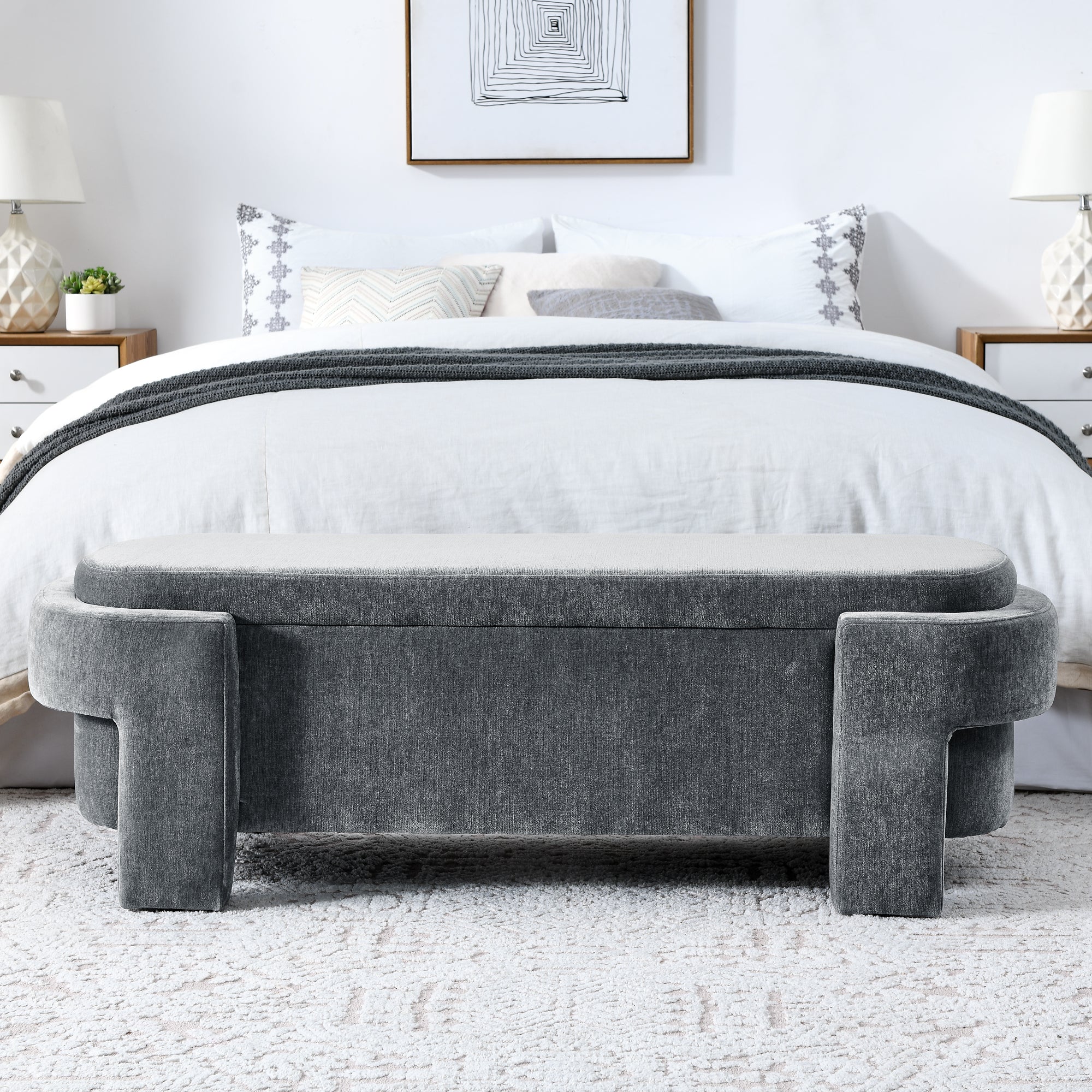 Chenille Upholstered Bench with Storage