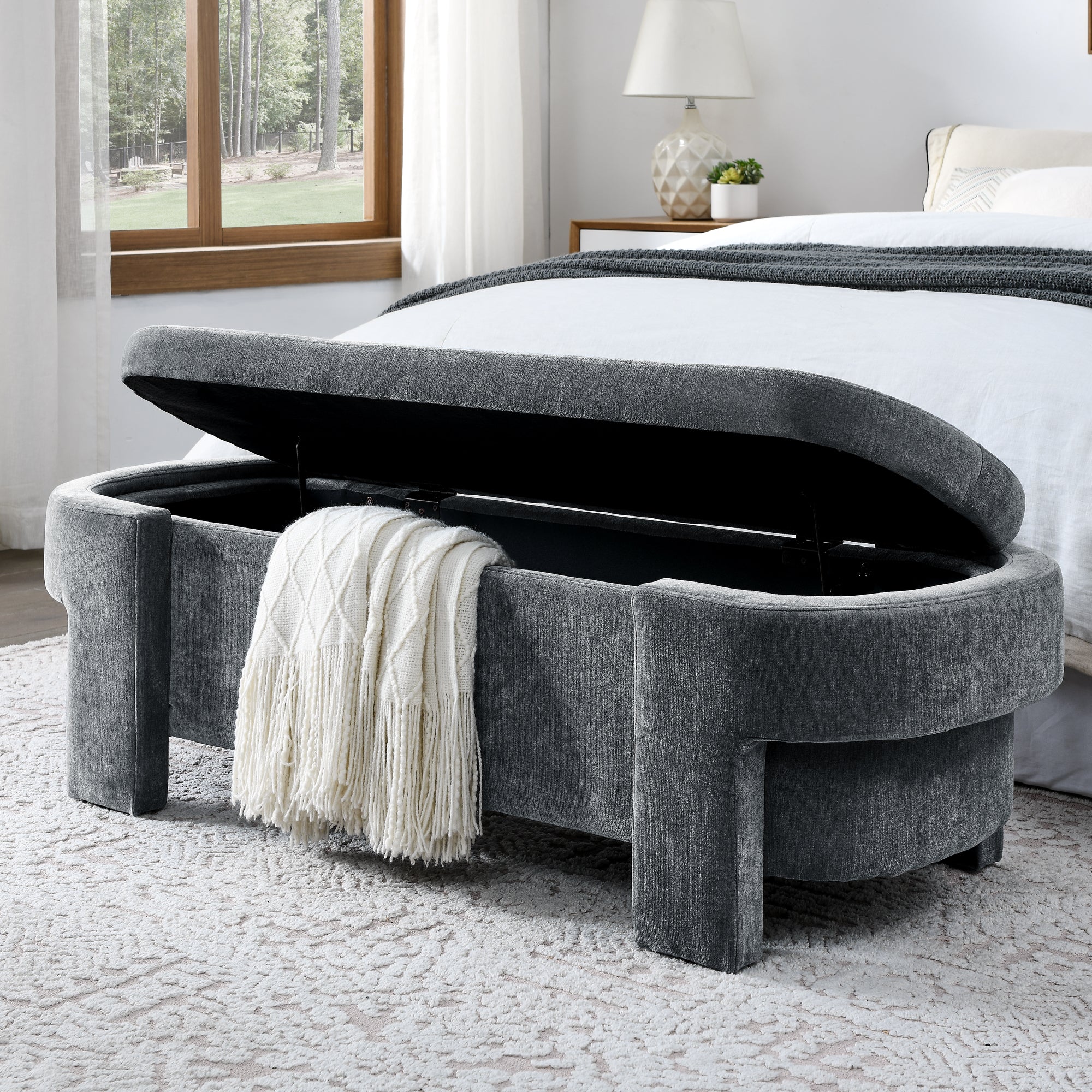 Chenille Upholstered Bench with Storage