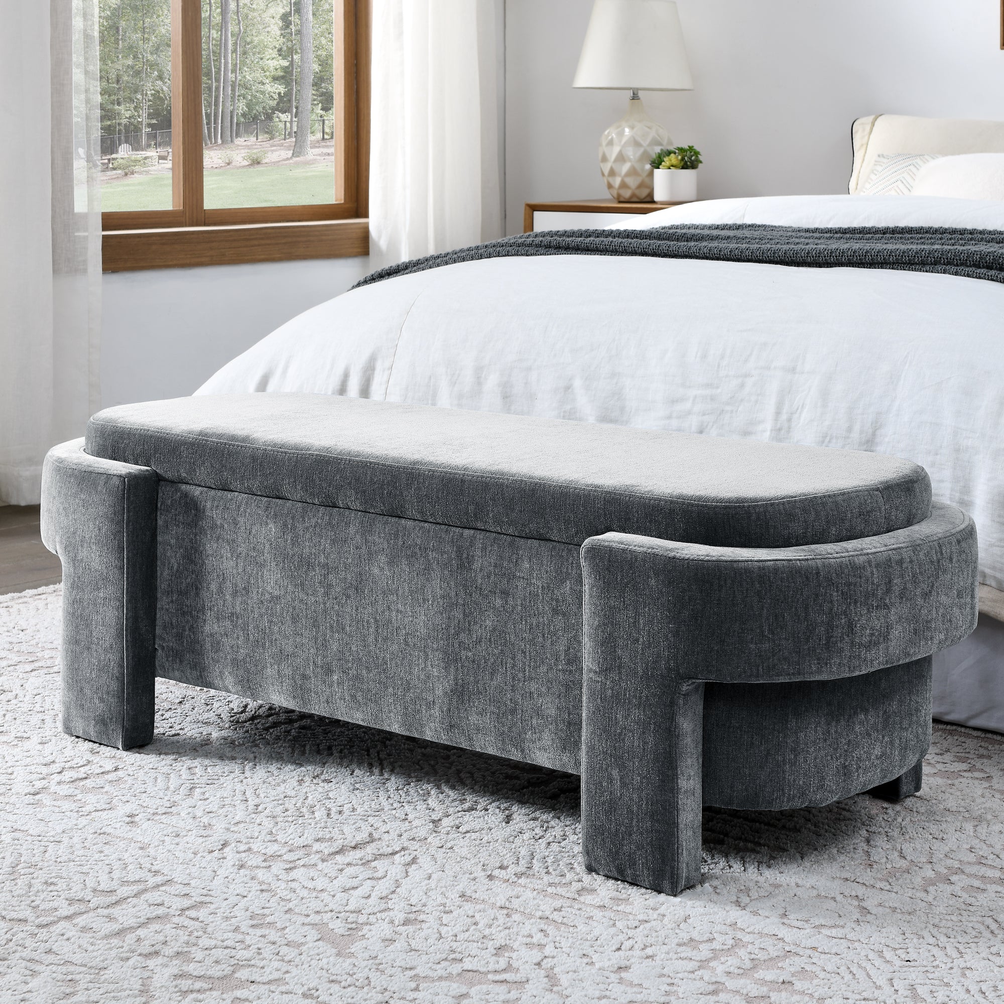 Chenille Upholstered Bench with Storage
