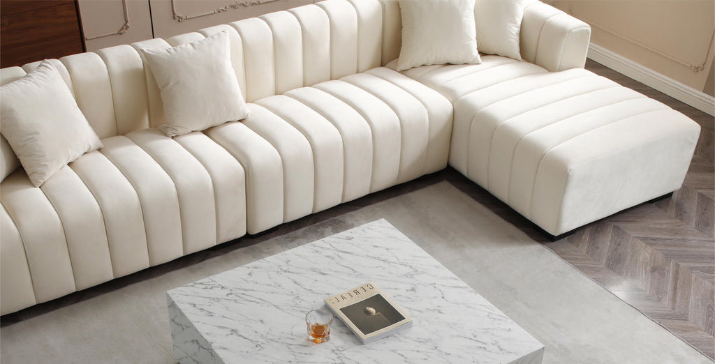 L-Shape Sectional Sofa with Deep Tufted Velvet Upholstered Right Chaise