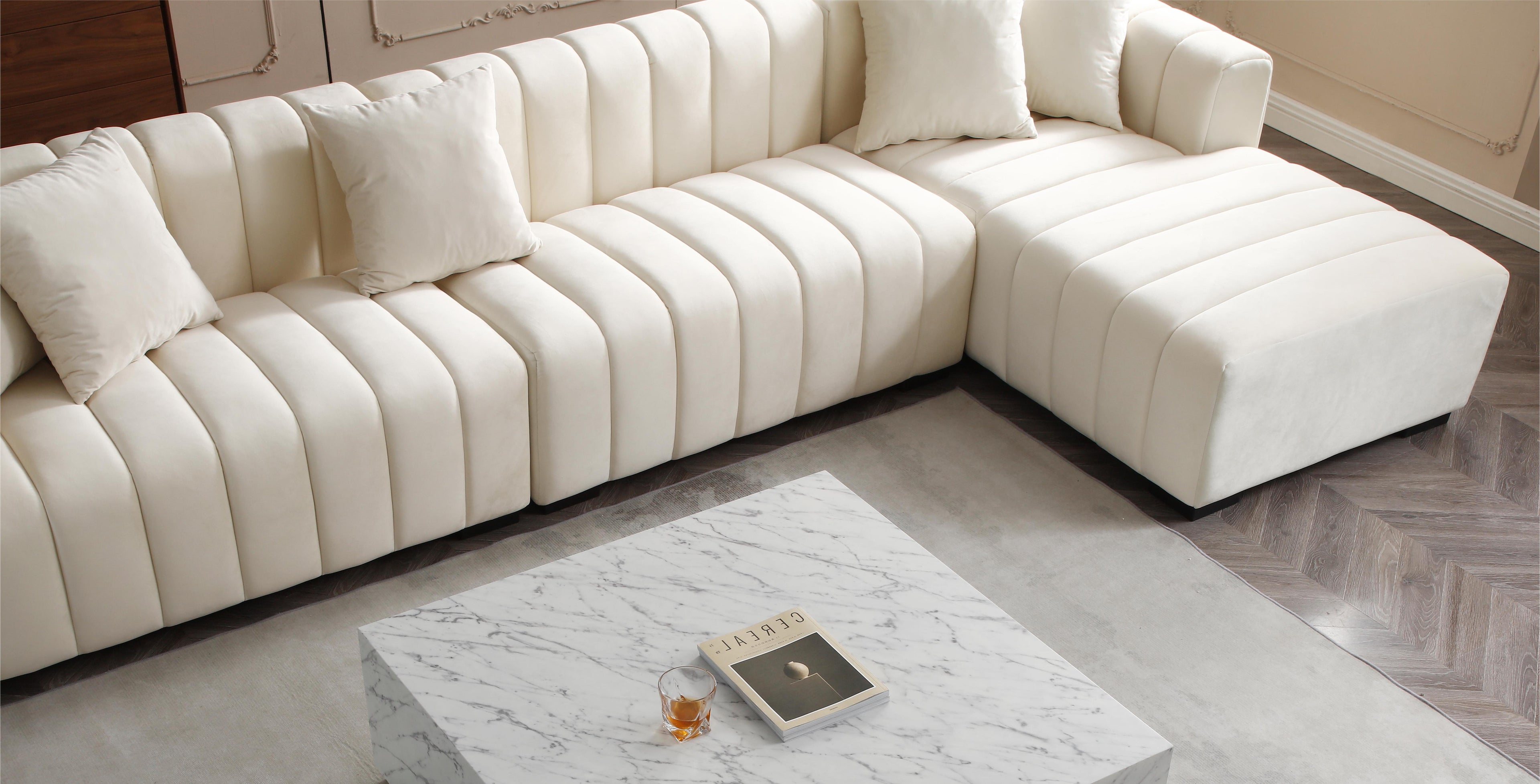 L-Shape Sectional Sofa with Deep Tufted Velvet Upholstered Right Chaise