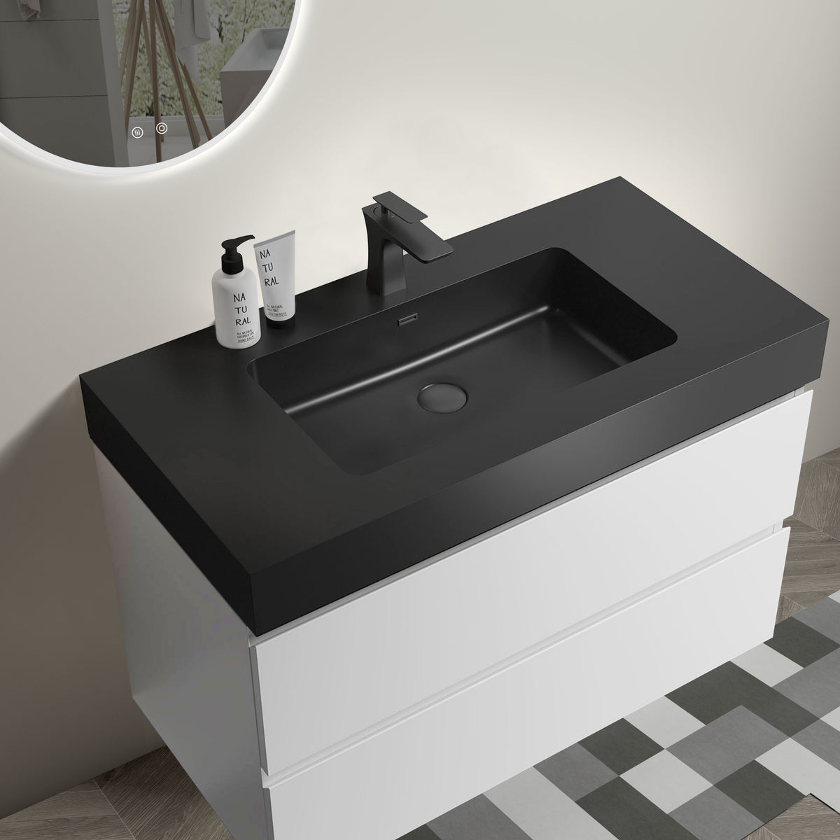 Alice 36" Wall-Mounted Bathroom Vanity, Matte Black Sink, White
