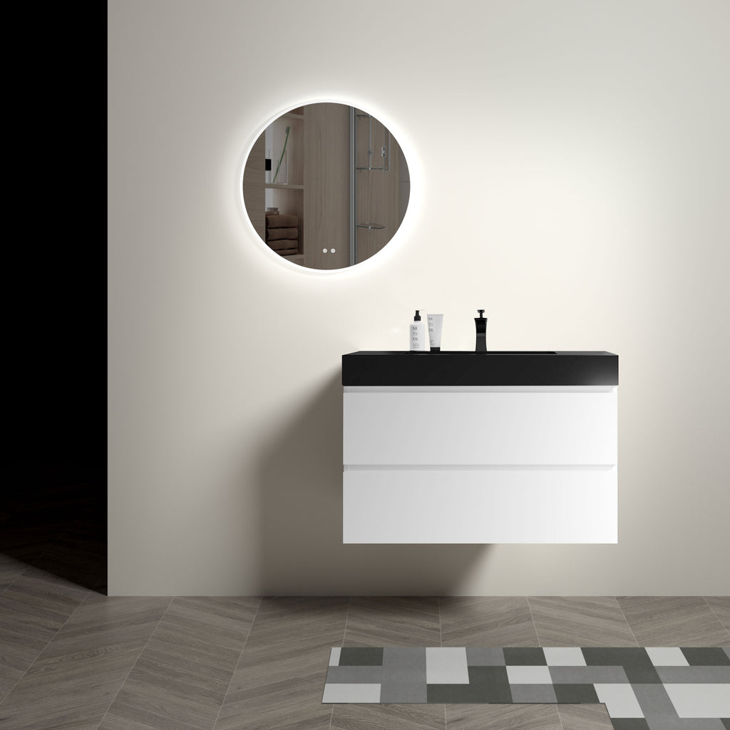 Alice 36" Wall-Mounted Bathroom Vanity, Matte Black Sink, White