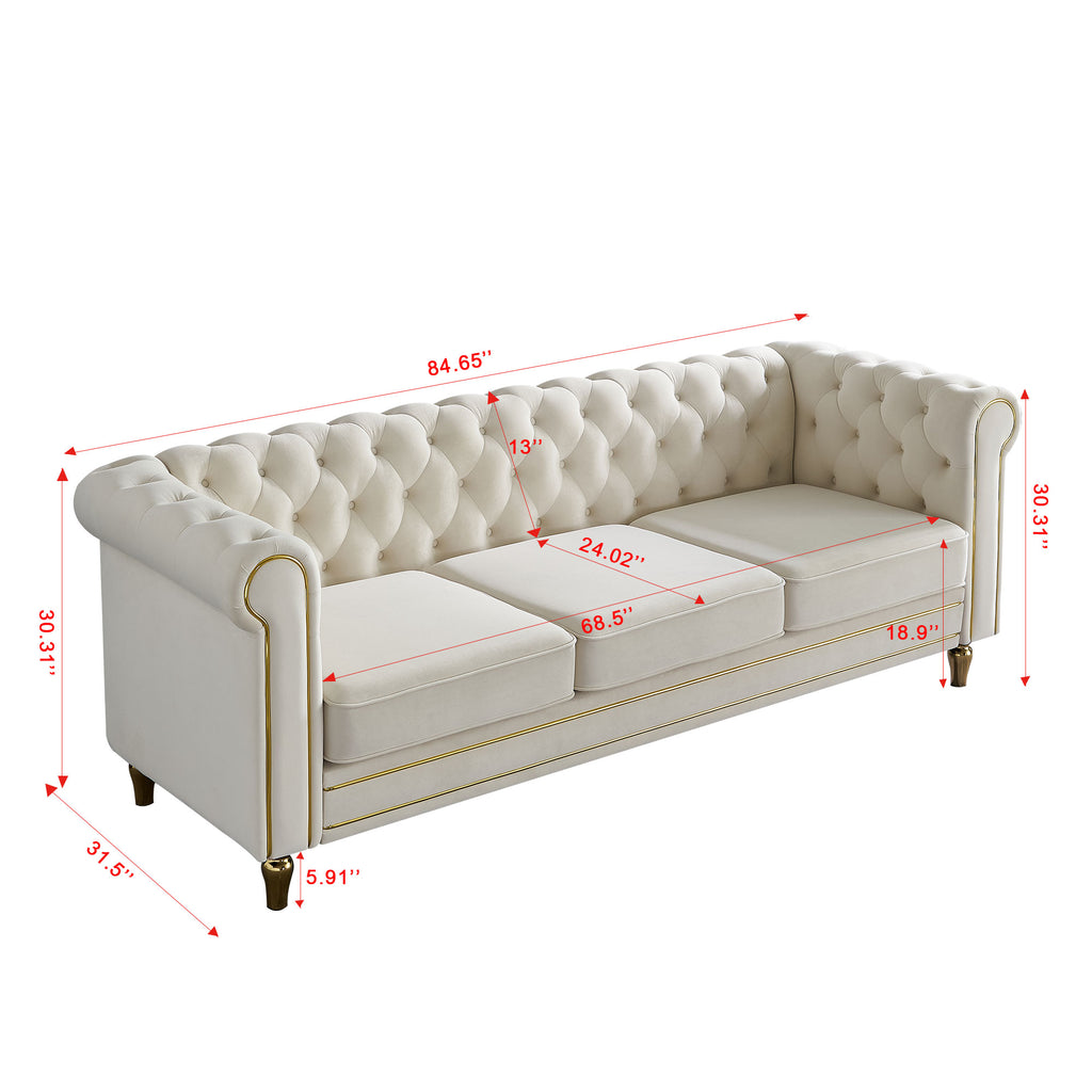 Chesterfield Velvet Sofa 84.65 Inch for Living Room