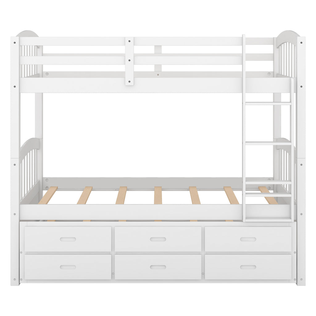 Twin Over Twin Wood Bunk Bed with Trundle and Drawers