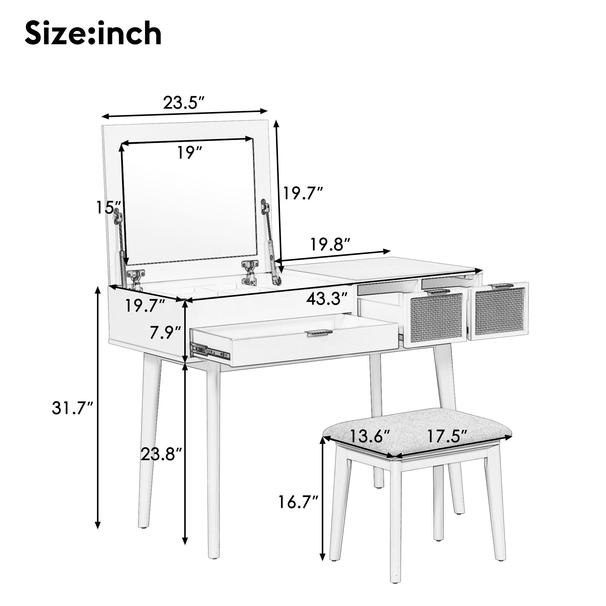 Classic Wood Makeup Vanity Set with Flip-top Mirror and Stool