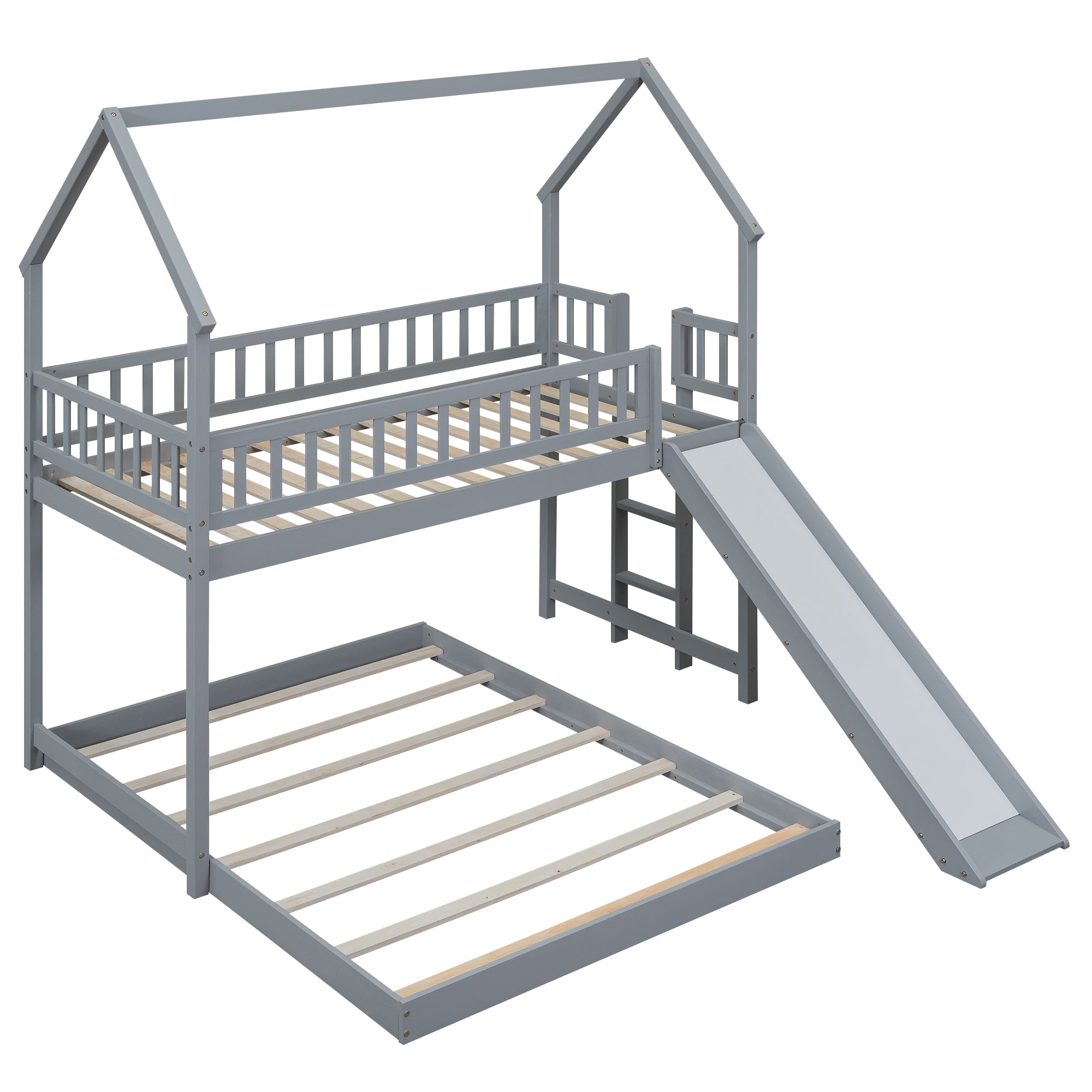 Twin Over Full House Bunk Bed With Slide and Built-in Ladder