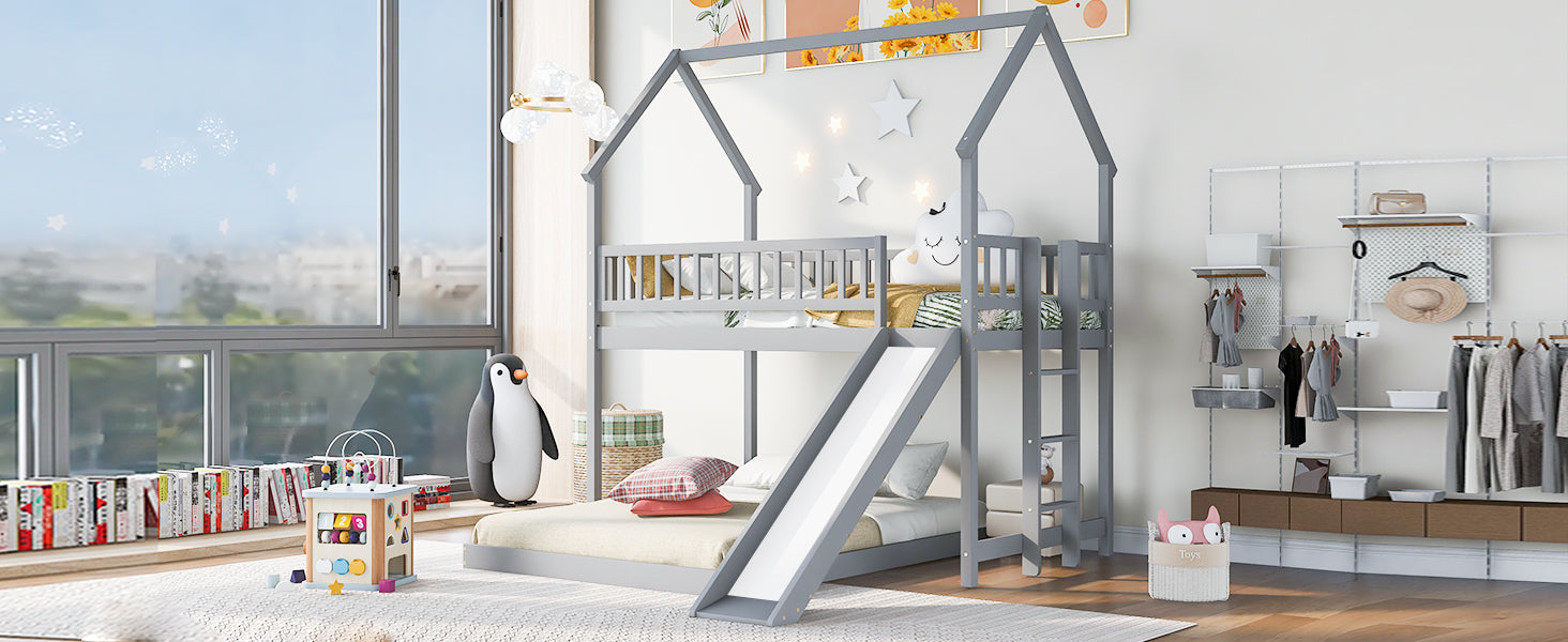 Twin Over Full House Bunk Bed With Slide and Built-in Ladder
