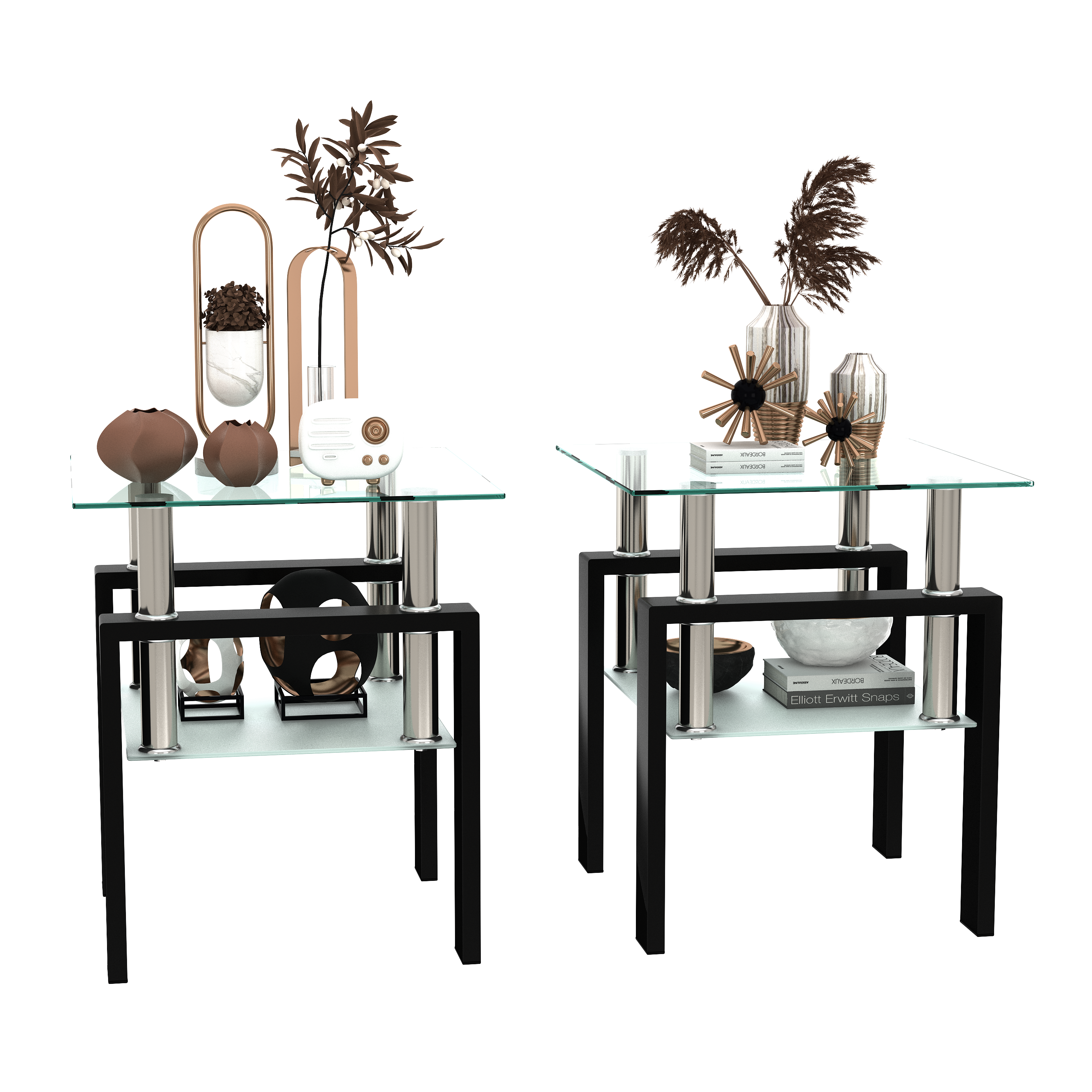 Set of 2 Modern Tempered Glass Tea Tables