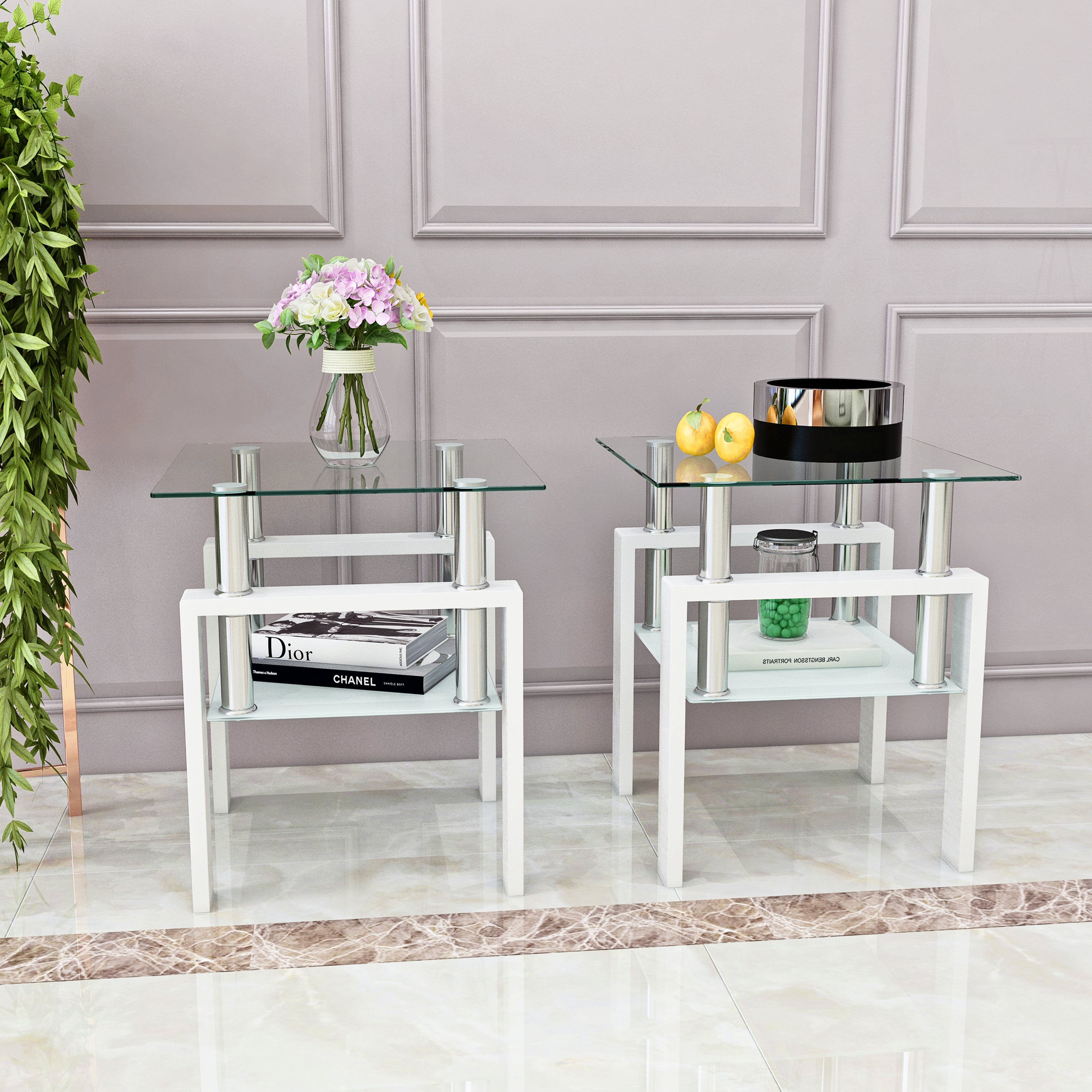 Set of 2 Modern Tempered Glass Tea Table