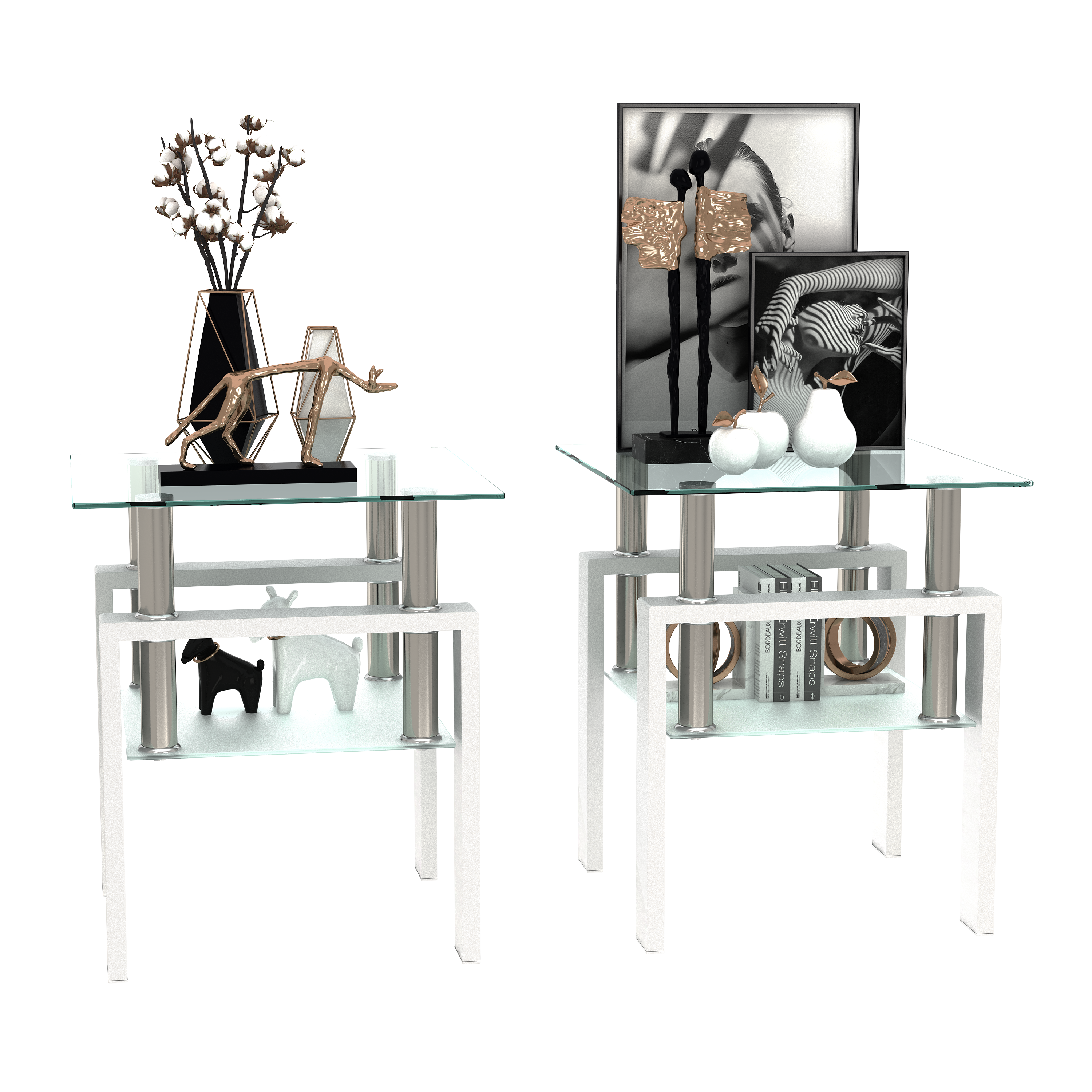 Set of 2 Modern Tempered Glass Tea Table