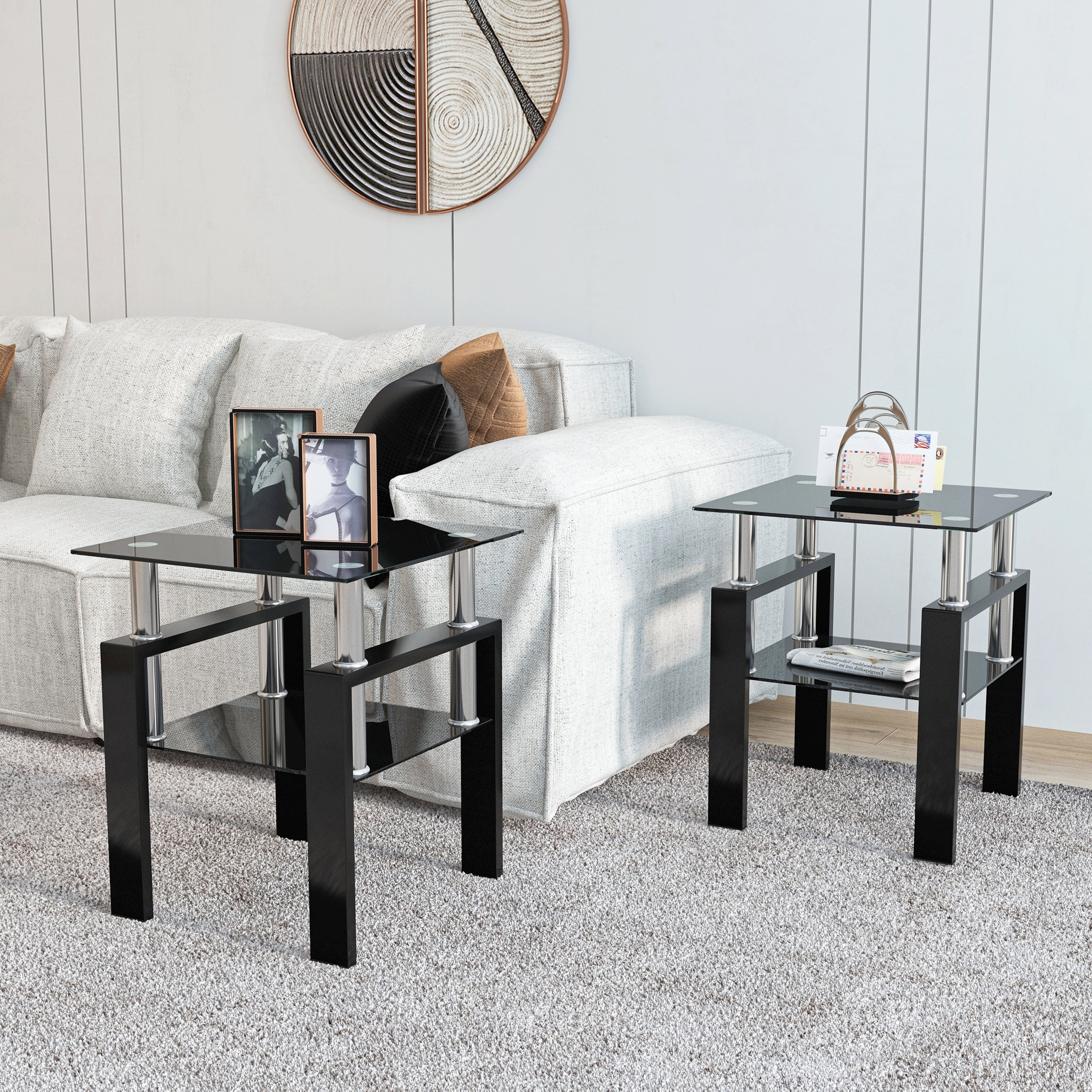 Set of 2 Modern Tempered Glass Tea Table Coffee Table End Table