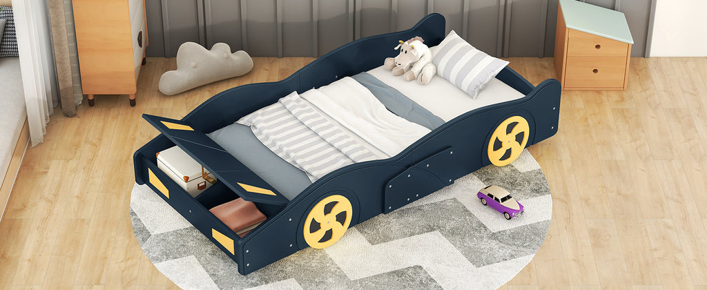 Twin Size Race Car-Shaped Platform Bed with Wheels and Storage