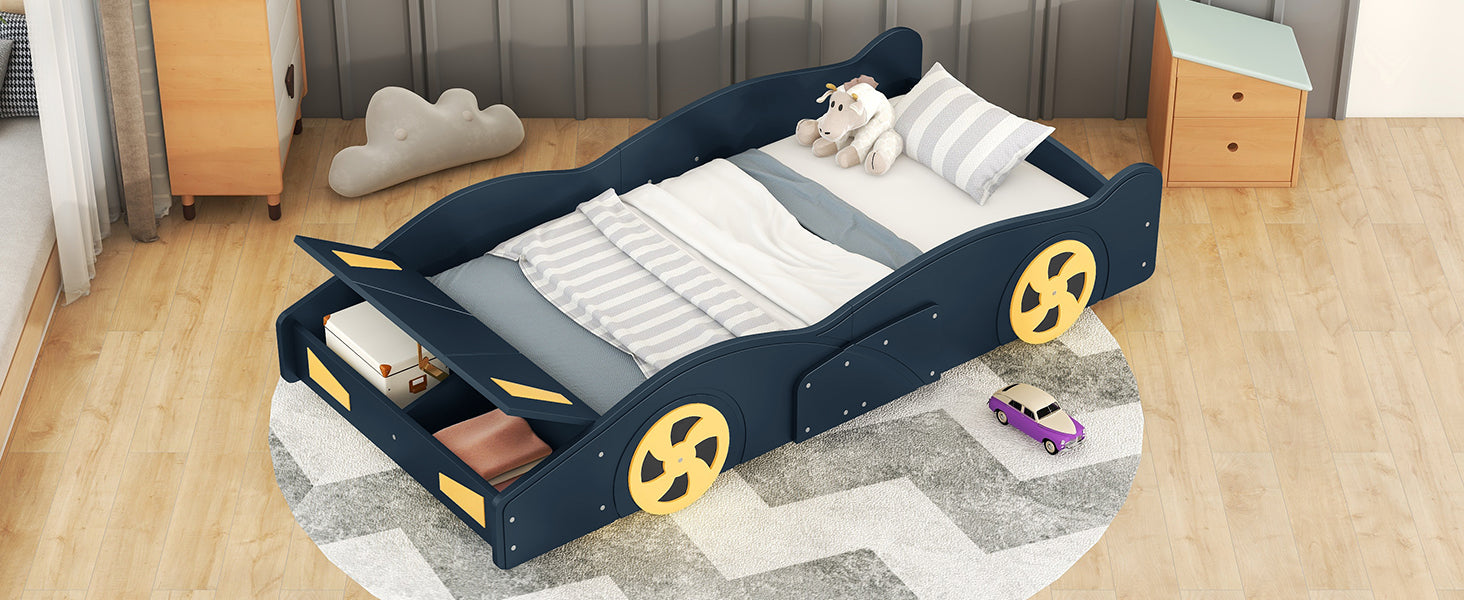 Twin Size Race Car-Shaped Platform Bed with Wheels and Storage