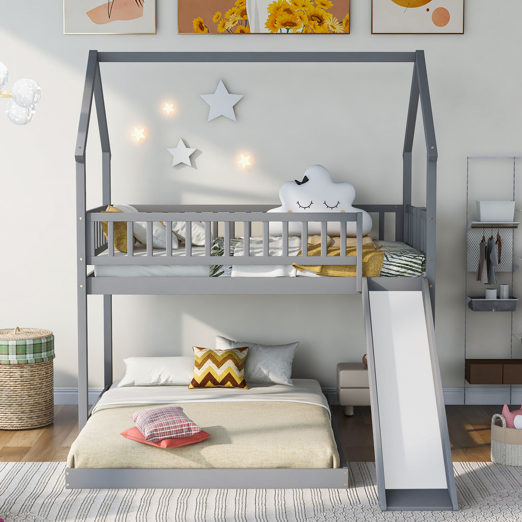 Twin Over Full House Bunk Bed With Slide and Built-in Ladder