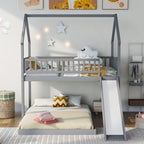 Twin Over Full House Bunk Bed With Slide and Built-in Ladder