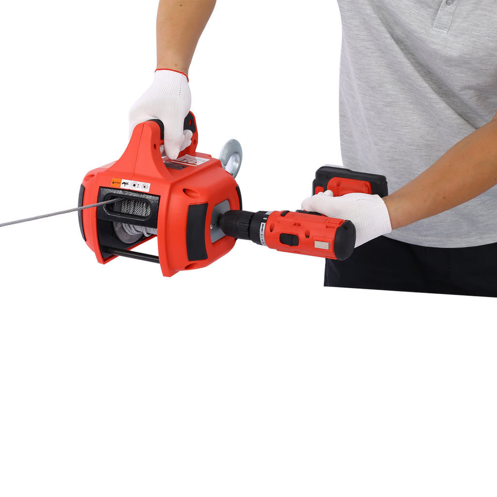 Portable Drill Winch Hoist, 750 LB Capacity, 40-Foot Steel Wire, Red