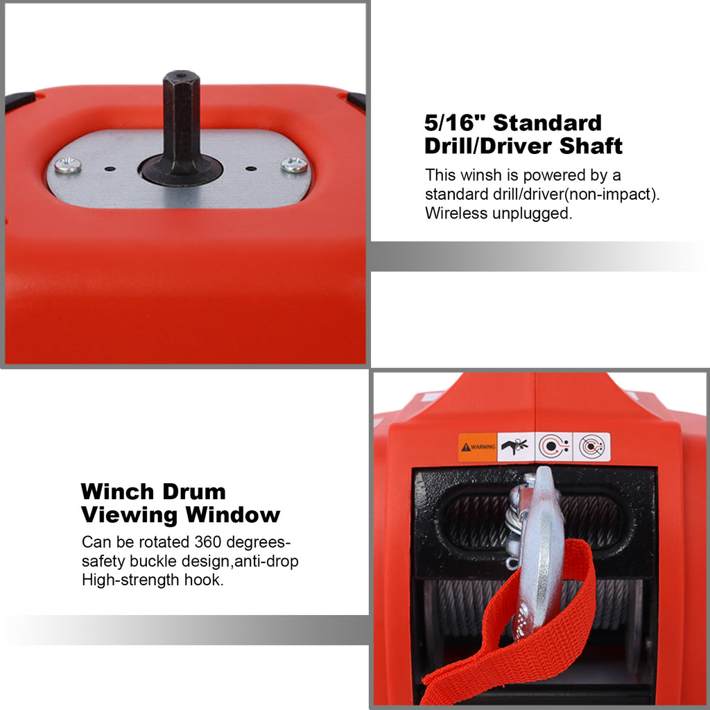Portable Drill Winch Hoist, 750 LB Capacity, 40-Foot Steel Wire, Red