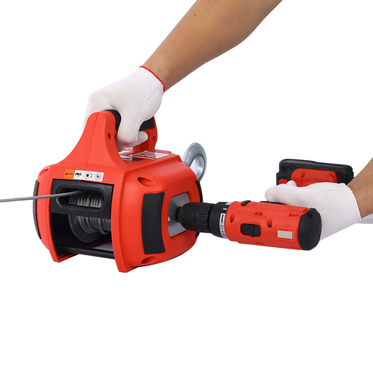 Portable Drill Winch Hoist, 750 LB Capacity, 40-Foot Steel Wire, Red