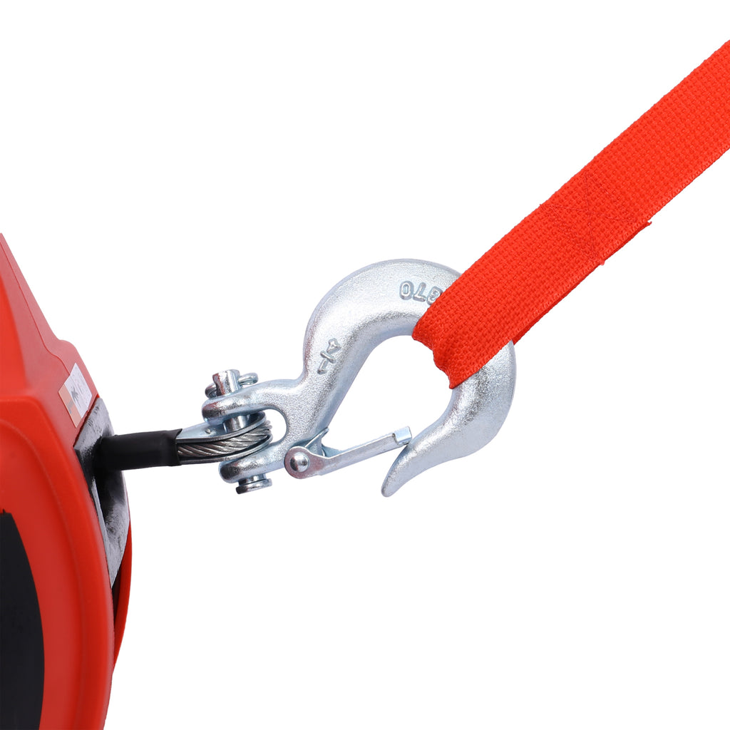 Portable Drill Winch Hoist, 750 LB Capacity, 40-Foot Steel Wire, Red