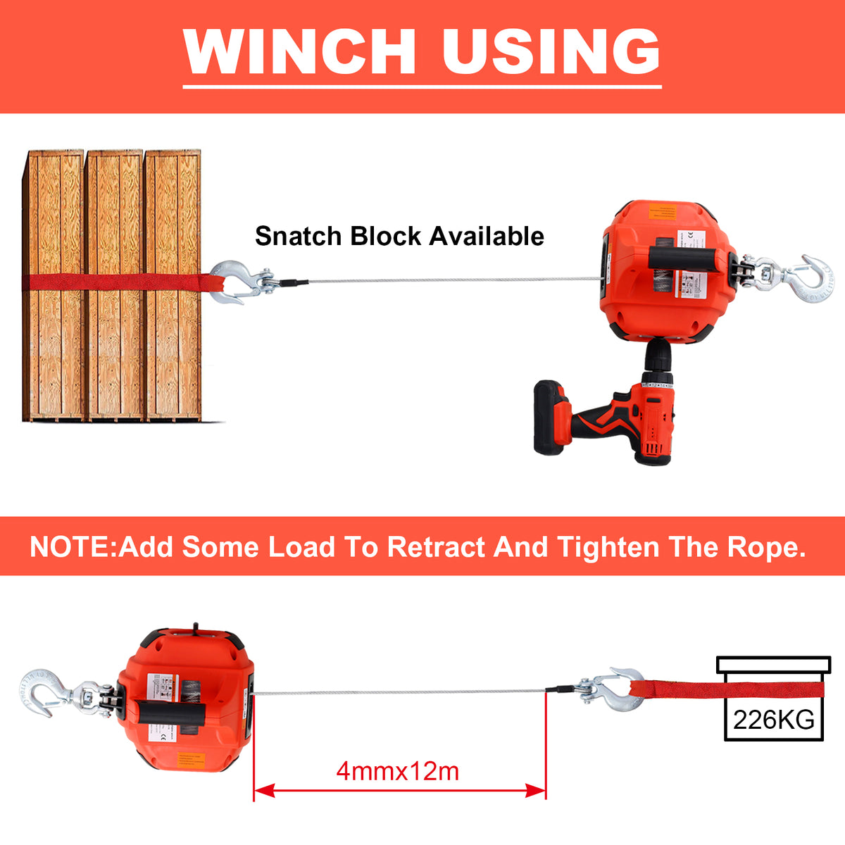 Portable Drill Winch Hoist, 750 LB Capacity, 40-Foot Steel Wire, Red