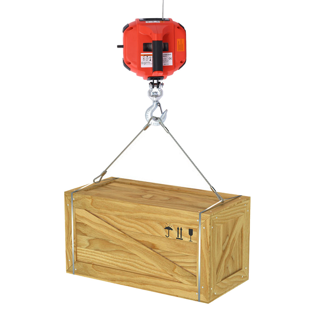 Portable Drill Winch Hoist, 750 LB Capacity, 40-Foot Steel Wire, Red