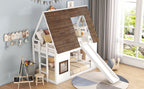 Wood Twin Size House Bunk Bed with Roof, Ladder and Slide