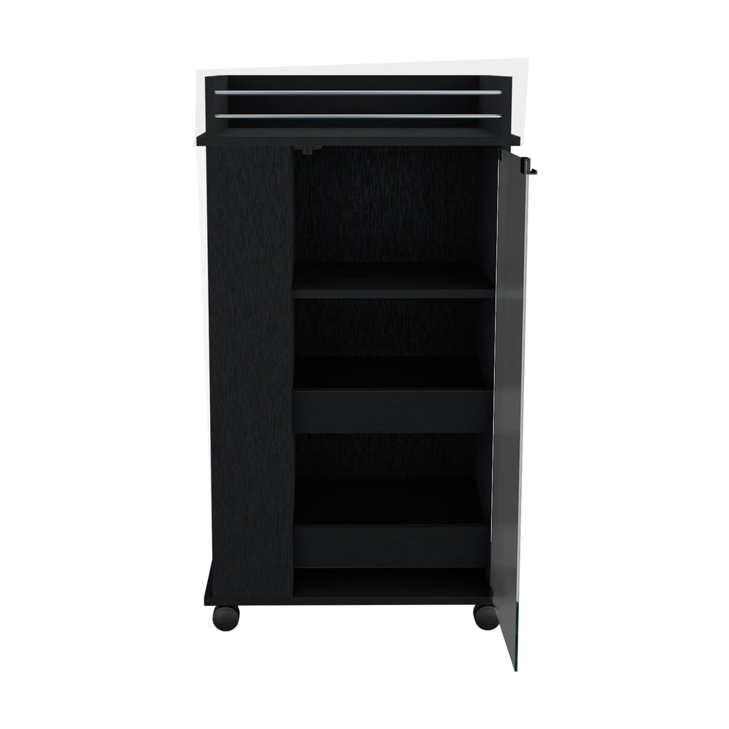 Bar Cart with Glass Door, 2-Side Shelves and Casters